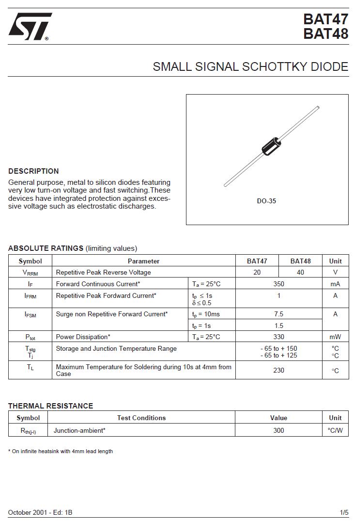 click to enlarge BAT48 Small Signal Silicon
Schottky Diode Electrical Characteristics Data Sheet Page
1