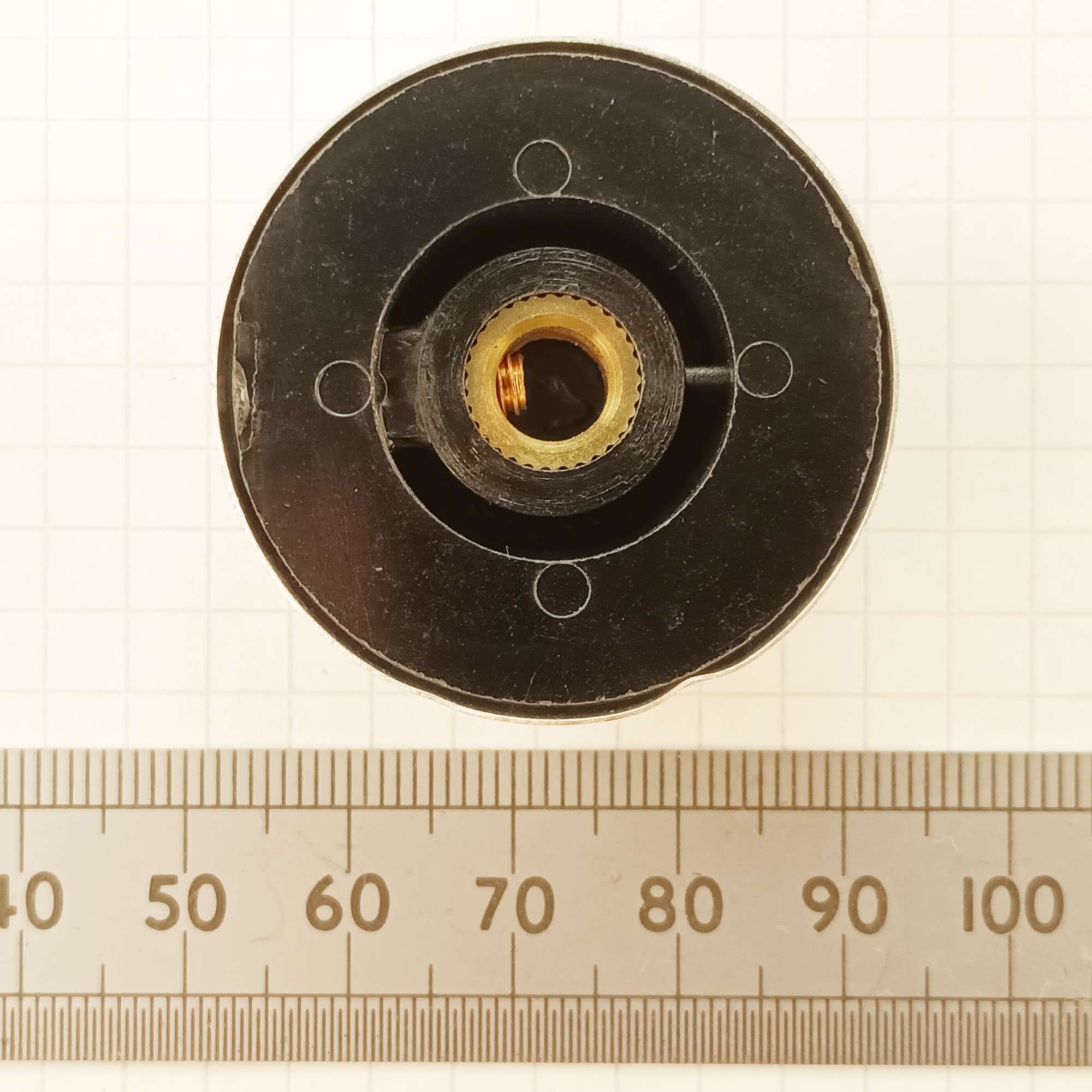 click to enlarge Rear view of the aluminium
bezel knob for 6.35mm 0.25" shafts used in the HJW
Electronics crystal set radio kit