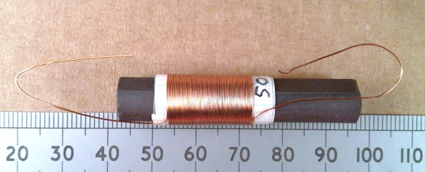 Complete
          crystal radio coil sliding on ferrite rod