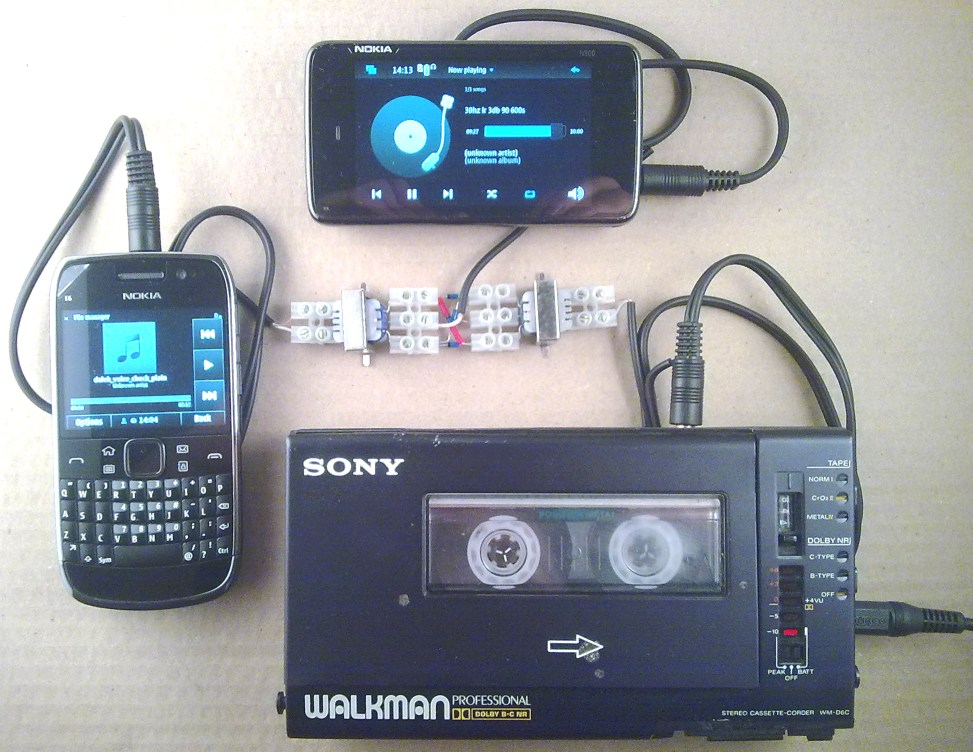 Two mobile phones
            and a pro walkman used in a ring modulator demonstration.